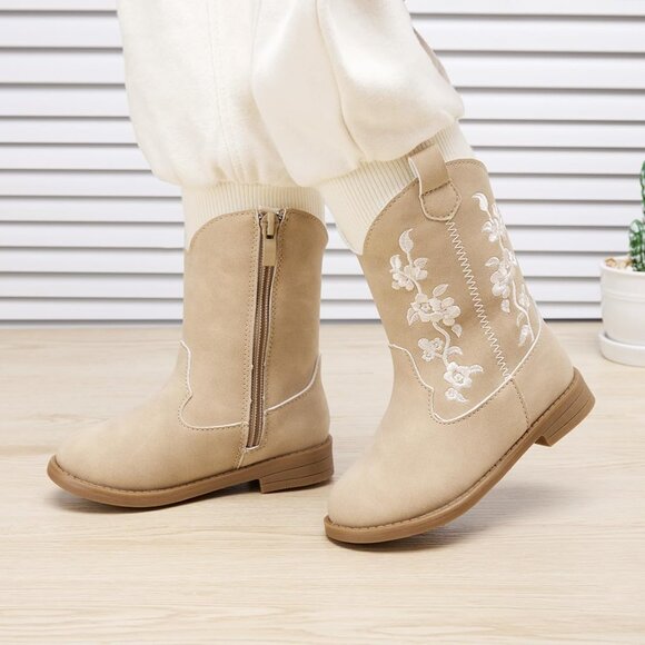 ⚡Girls 4-Camel Microfiber Little Kids Mid Calf Western Pointed Toe Riding Boots - Picture 2 of 6